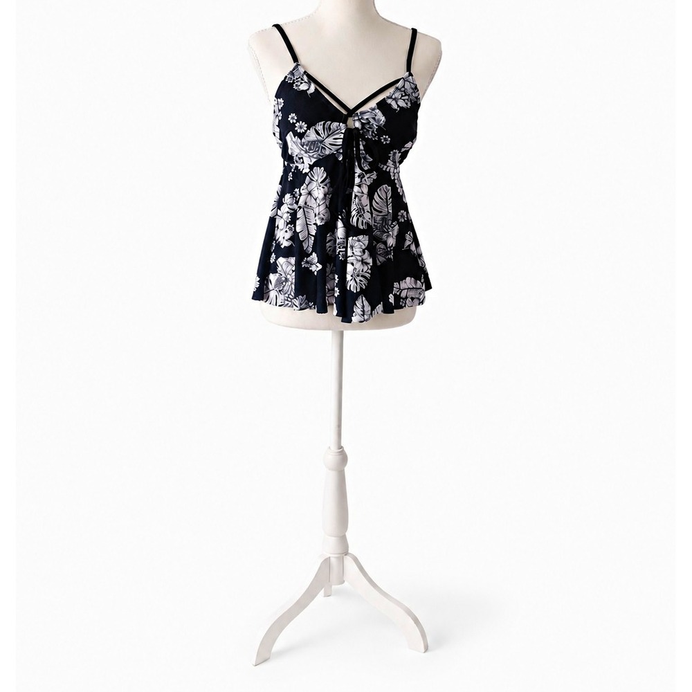 Time and Tru Black White Tropical Floral Cami Top Size M 8-10 Adjustable Straps